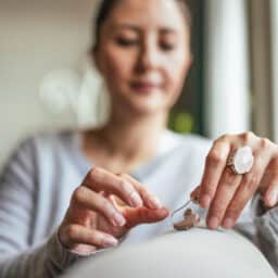 Woman holds hearing aid