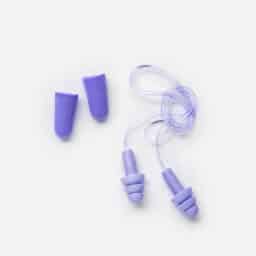 Different earplugs on white background, comfort silicone and rubber ear plug on string protection against noise